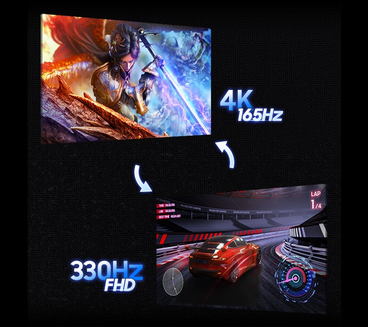 두 개의 화면을 통해 4K 165Hz, 330Hz FHD 듀얼모드를 나타냅니다.
