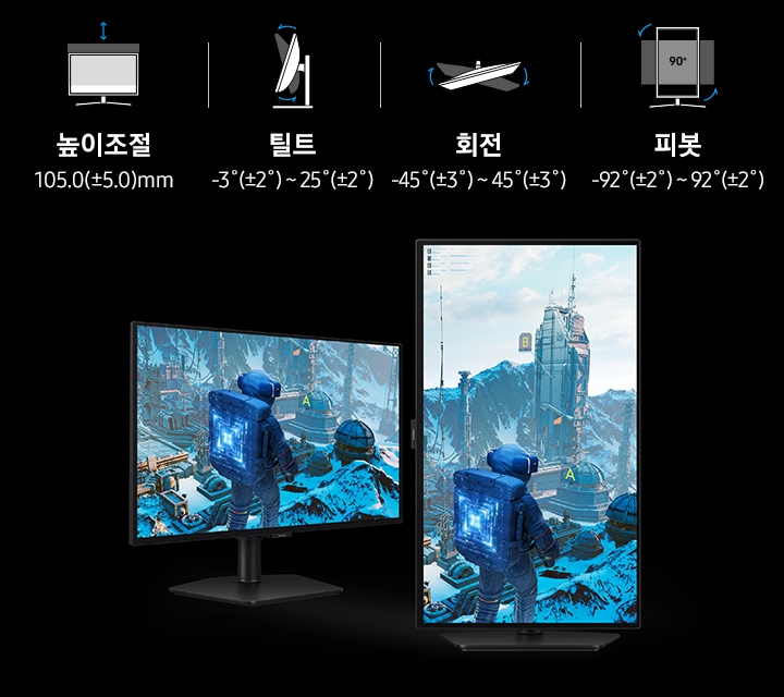 정면 모니터와 세로 피봇 형태의 모니터 두 개가 놓여있고 위엔 아이콘으로 높이조절, 틸트, 회전, 피봇 기능이 있음을 보여줍니다.