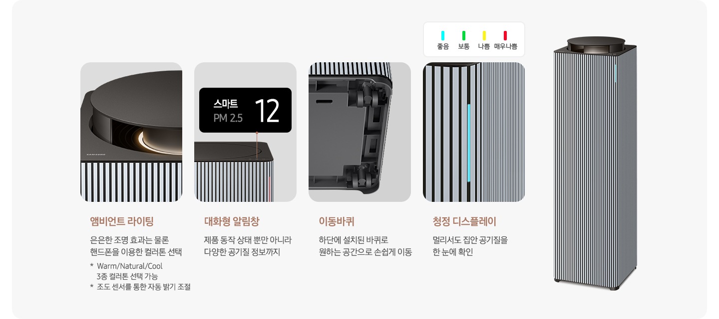 오른쪽에는 Infinite AI 공기청정기가 우측 45도 각도로 서 있습니다. 공기청정기 왼쪽으로는 공기청정기의 다양한 기능에 대해 설명되어 있습니다. 첫 번째는 Infinite AI 공기청정기의 앰비언트 라이팅 부분이 확대되어 있고, 이미지 하단에는 앰비언트 라이팅 은은한 조명 효과는 물론 핸드폰을 이용한 컬러 톤 선택 가능 * Warm/Natural/Cool 3종 컬러톤 선택 가능 * 조도 센서를 통한 자동 밝기 조절이라는 문구가 적혀 있습니다. 두 번째는 알림 창 부분이 확대되어 있고 이미지 하단에는 대화형 알림창 제품 동작 상태뿐 아니라 다양한 공기질 정보까지라는 문구가 적혀 있습니다. 세 번째는 Infinite AI 공기청정기 하단의 이동바퀴 부분이 확대되어 있고 이미지 하단에는 이동바퀴 하단에 설치된 바퀴로 원하는 공간으로 손쉽게 이동이라는 문구가 적혀 있습니다. 네 번째로는 공기청정기 좋음 상태를 알려주는 청정 디스플레이 부분이 확대되어 있고 상단 부분에 파란색 좋음, 초록색 보통, 노란색 나쁨, 빨간색 매우 나쁨으로 표를 그려 상태를 알려주고 있습니다. 이미지 하단에는 청정 디스플레이 멀리서도 집안 공기질을 한 눈에 확인이라는 문구가 적혀 있습니다.