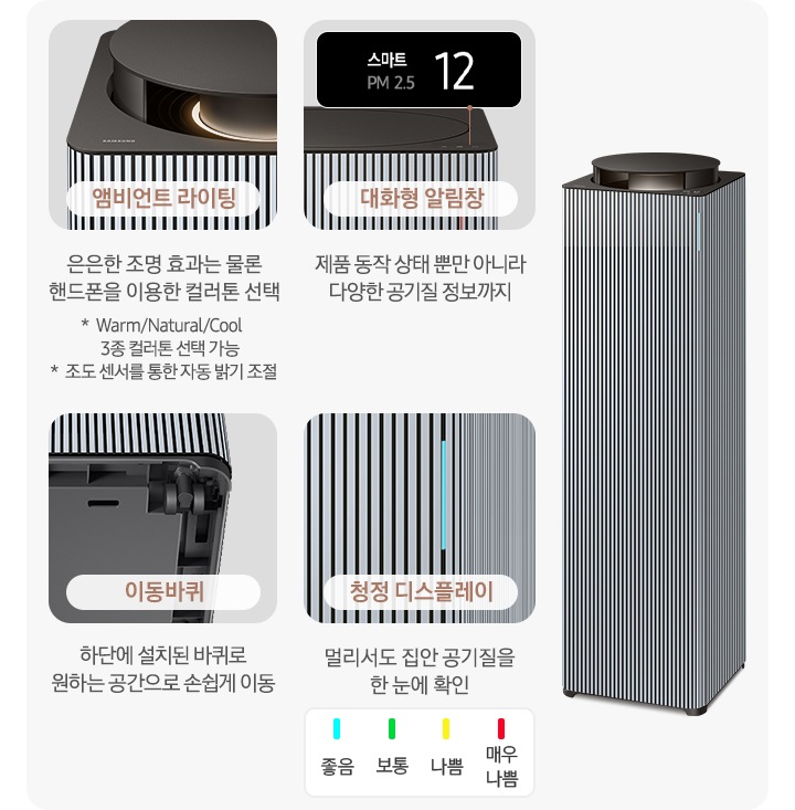 오른쪽에는 Infinite AI 공기청정기가 우측 45도 각도로 서 있습니다. 공기청정기 왼쪽으로는 공기청정기의 다양한 기능에 대해 설명되어 있습니다. 첫 번째는 Infinite AI 공기청정기의 앰비언트 라이팅 부분이 확대되어 있고, 이미지 하단에는 앰비언트 라이팅 은은한 조명 효과는 물론 핸드폰을 이용한 컬러 톤 선택 가능 * Warm/Natural/Cool 3종 컬러톤 선택 가능 * 조도 센서를 통한 자동 밝기 조절이라는 문구가 적혀 있습니다. 두 번째는 알림 창 부분이 확대되어 있고 이미지 하단에는 대화형 알림창 제품 동작 상태뿐 아니라 다양한 공기질 정보까지라는 문구가 적혀 있습니다. 세 번째는 Infinite AI 공기청정기 하단의 이동바퀴 부분이 확대되어 있고 이미지 하단에는 이동바퀴 하단에 설치된 바퀴로 원하는 공간으로 손쉽게 이동이라는 문구가 적혀 있습니다. 네 번째로는 공기청정기 좋음 상태를 알려주는 청정 디스플레이 부분이 확대되어 있고 상단 부분에 파란색 좋음, 초록색 보통, 노란색 나쁨, 빨간색 매우 나쁨으로 표를 그려 상태를 알려주고 있습니다. 이미지 하단에는 청정 디스플레이 멀리서도 집안 공기질을 한 눈에 확인이라는 문구가 적혀 있습니다.
