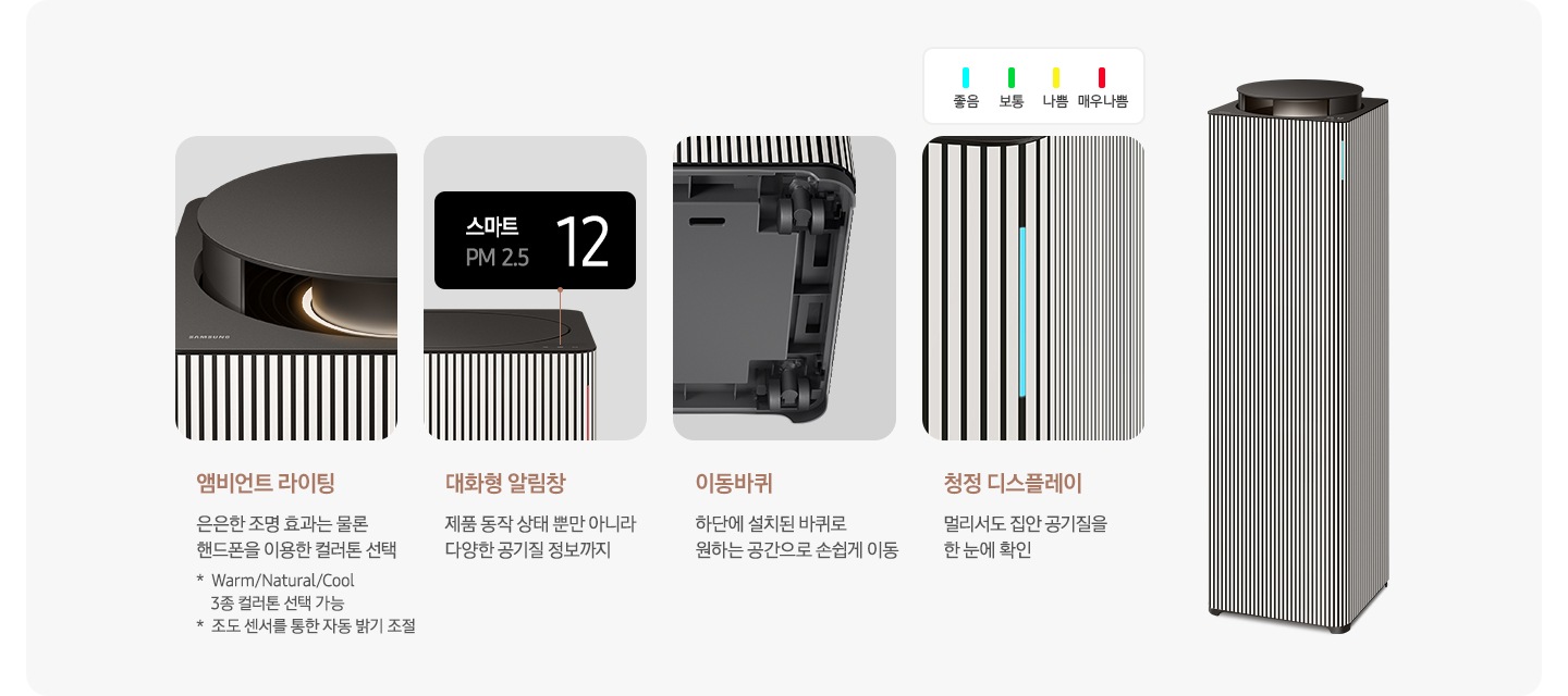 오른쪽에는 Infinite AI 공기청정기가 우측 45도 각도로 서 있습니다. 공기청정기 왼쪽으로는 공기청정기의 다양한 기능에 대해 설명되어 있습니다. 첫 번째는 Infinite AI 공기청정기의 앰비언트 라이팅 부분이 확대되어 있고, 이미지 하단에는 앰비언트 라이팅 은은한 조명 효과는 물론 핸드폰을 이용한 컬러 톤 선택 가능 * Warm/Natural/Cool 3종 컬러톤 선택 가능 * 조도 센서를 통한 자동 밝기 조절이라는 문구가 적혀 있습니다. 두 번째는 알림 창 부분이 확대되어 있고 이미지 하단에는 대화형 알림창 제품 동작 상태뿐 아니라 다양한 공기질 정보까지라는 문구가 적혀 있습니다. 세 번째는 Infinite AI 공기청정기 하단의 이동바퀴 부분이 확대되어 있고 이미지 하단에는 이동바퀴 하단에 설치된 바퀴로 원하는 공간으로 손쉽게 이동이라는 문구가 적혀 있습니다. 네 번째로는 공기청정기 좋음 상태를 알려주는 청정 디스플레이 부분이 확대되어 있고 상단 부분에 파란색 좋음, 초록색 보통, 노란색 나쁨, 빨간색 매우 나쁨으로 표를 그려 상태를 알려주고 있습니다. 이미지 하단에는 청정 디스플레이 멀리서도 집안 공기질을 한 눈에 확인이라는 문구가 적혀 있습니다.