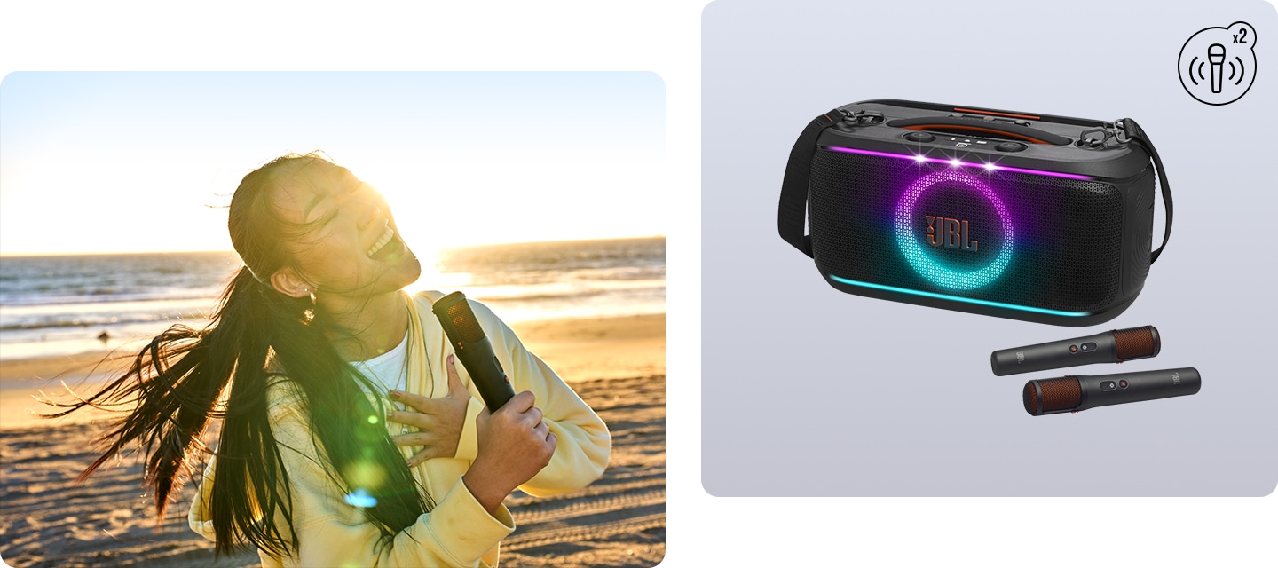 바닷가에서 마이크를 들고 노래를 부르는 여성의 연출된 이미지 입니다. JBL PARTYBOX ON-THE-GO2 PLUS 제품이미지 앞에 마이크 두개가 놓여있고 우측 상단에 마이크와 X2 아이콘이 있습니다.