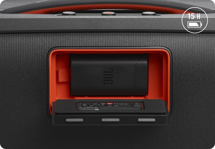 JBL PARTYBOX ON-THE-GO2 PLUS 제품 배터리 커버가 열려있고 안에 배터리가 들어있는 제품이미지 입니다.