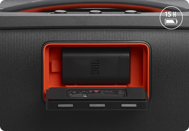 JBL PARTYBOX ON-THE-GO2 PLUS 제품 배터리 커버가 열려있고 안에 배터리가 들어있는 제품이미지 입니다.