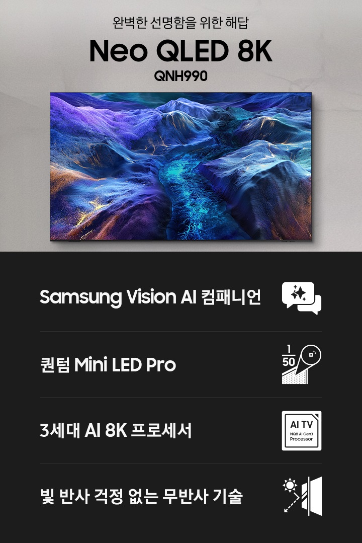 벽에 TV가 설치되어 있습니다. TV 오른쪽에는 ‘완벽한 선명함을 위한 해답’ 문구와 TV 모델 명인 ‘Neo QLED 8K’와 시리즈 명인 ‘QNH990’이 기재되어 있습니다. 이미지 하단에는 ‘Samsung Vision AI 컴패니언’, ‘퀀텀 Mini LED Pro’, ‘3세대 AI 8K 프로세서’, ‘빛 반사 걱정 없는 무반사 기술’ 문구와 아이콘이 있습니다.