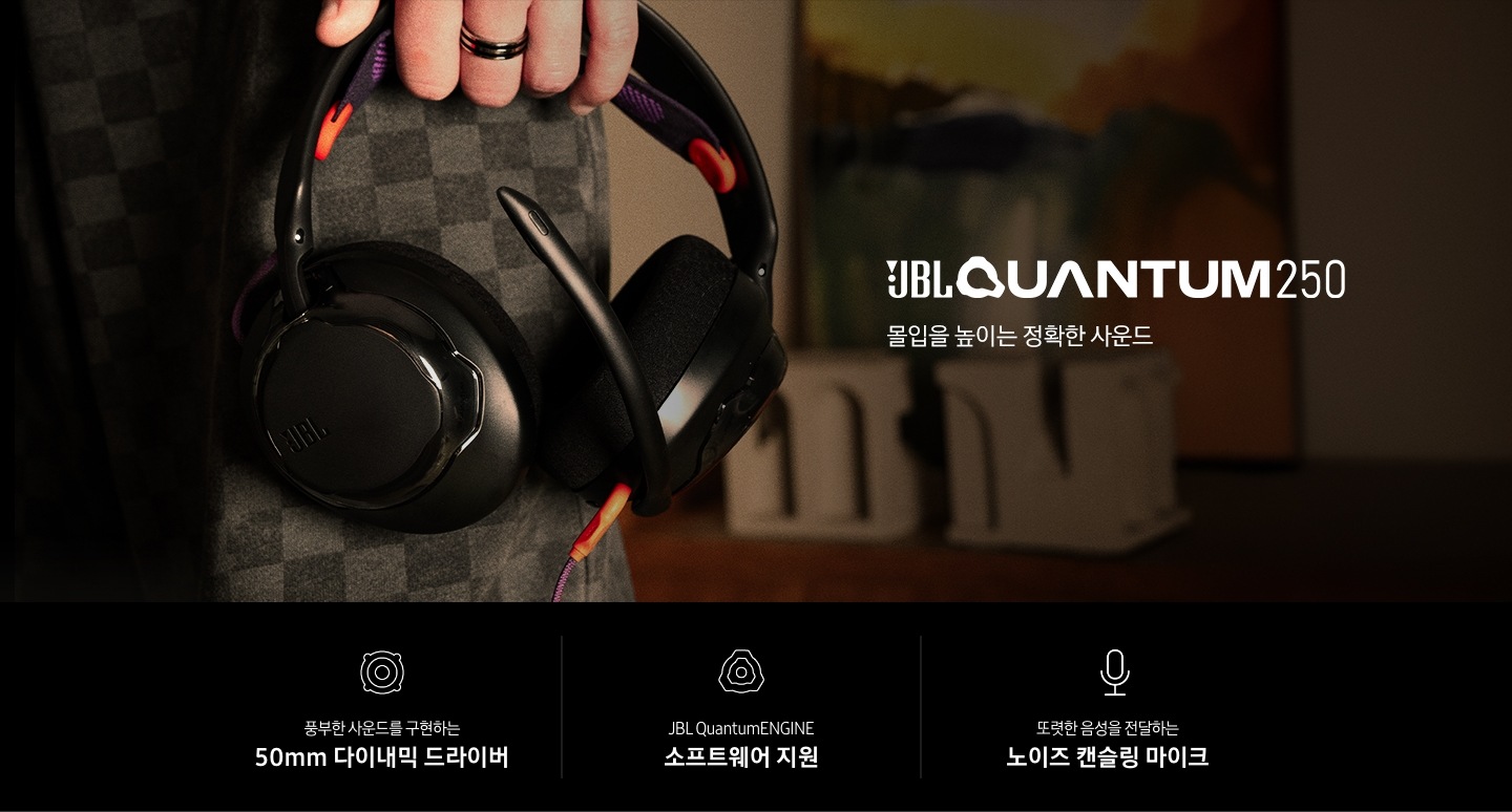 헤드폰을 들고 있는 손이 보입니다. 헤드폰 오른쪽으로는 브랜드와 모델명인 ‘JBL QUANTUM 250’과 ‘몰입을 높이는 정확한 사운드‘ 문구가 기재되어 있습니다. 이미지 하단에는 ‘풍부한 사운드를 구현하는 50mm 다이내믹 드라이버‘, ‘JBL QuantumENGINE 소프트웨어 지원’, ‘또렷한 음성을 전달하는 노이즈 캔슬링 마이크’ 문구와 아이콘이 있습니다.