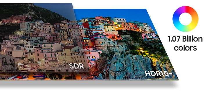 SDR과 HDR10+의 차이를 같은 그림을 반으로 나누어 비교해 나타냅니다.