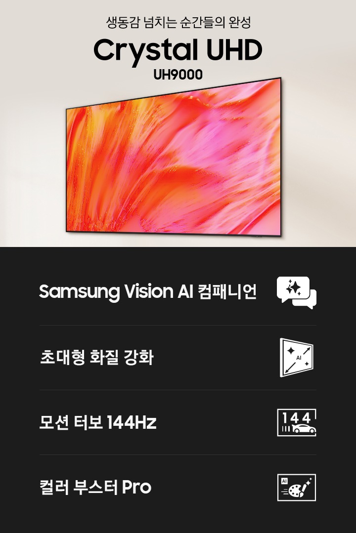 거실 벽에 TV가 설치되어 있습니다. TV 왼쪽에는 ‘생동감 넘치는 순간들의 완성‘ 문구와 TV 모델 명인 ‘Crystal UHD’와 시리즈 명인 ‘UH9000’이 기재되어 있습니다. 이미지 하단에는 ‘Samsung Vision AI 컴패니언’, ‘초대형 화질 강화’, ‘모션 터보 144Hz’, ‘컬러 부스터 Pro’ 문구와 아이콘이 있습니다.