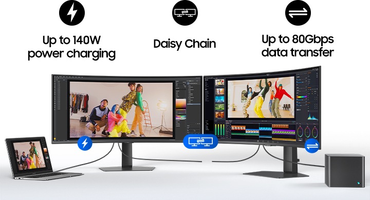 썬더볼트5로 인한 최대 140W 고속 충전, 데이지 체인, 최대 80 Gbps 데이터 전송을 노트북, 모니터, 스피커를 통해 나타냅니다.