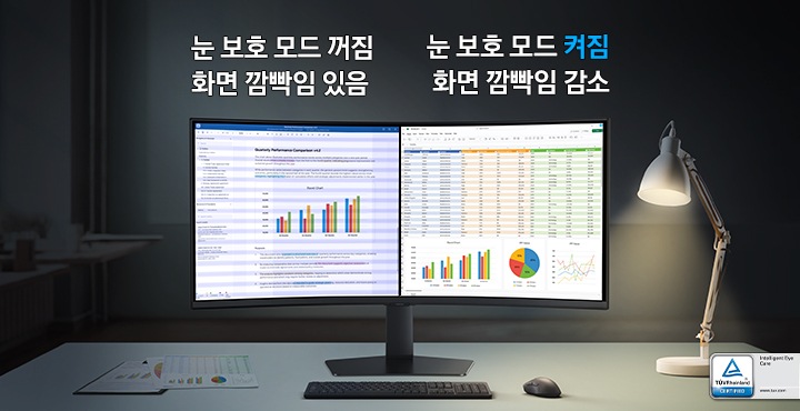 모니터 화면을 반으로 나누어 눈 보호 모드가 꺼져 플리커 현상이 나타난 모습과, 눈 보호모드가 켜져 플리커 현상이 없는 모습을 비교하여 나타냅니다.