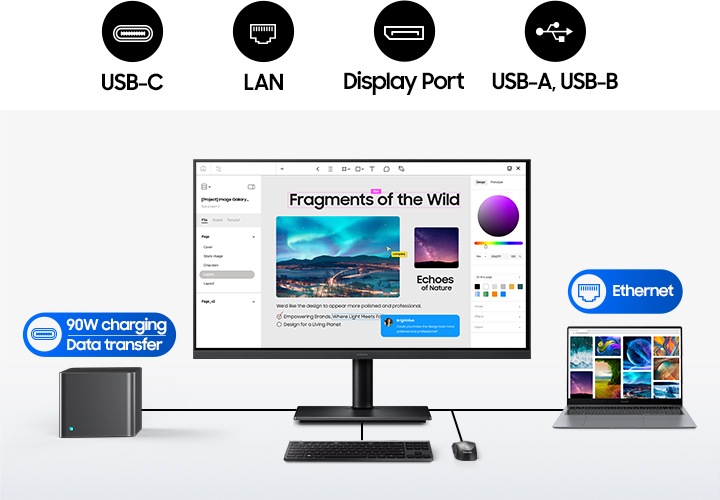 모니터와 노트북 스피커가 놓여있고 상단에 USB-C, LAN, 디스플레이 포트, USB-A USB-B 아이콘을 나타냅니다.