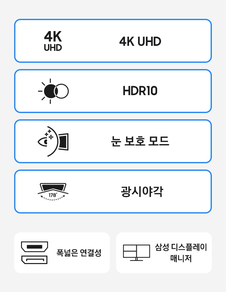 고해상도 모니터의 특장점을 아이콘과 함께 나타냅니다. 4K UHD HDR10 눈 보호 모드 넓은 시야각 폭 넓은 연결성 삼성 디스플레이 매니저