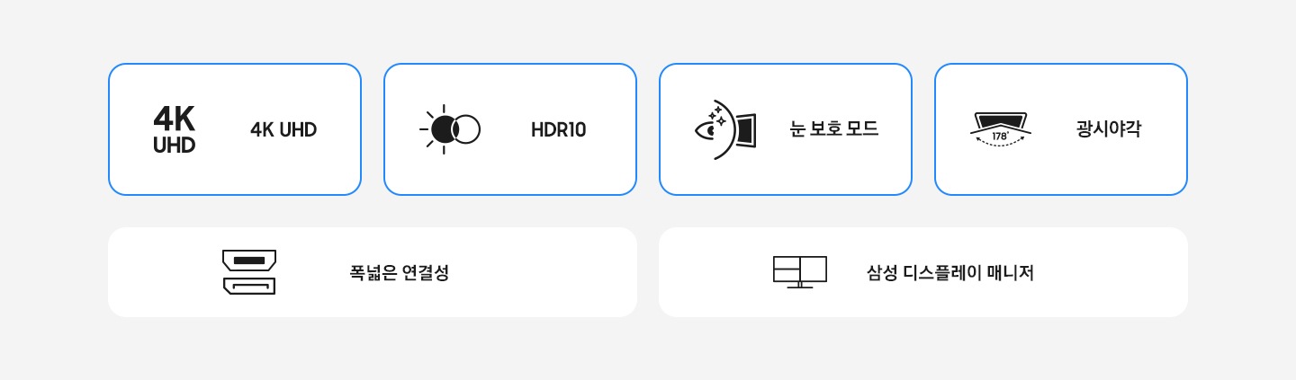 고해상도 모니터의 특장점을 아이콘과 함께 나타냅니다. 4K UHD HDR10 눈 보호 모드 넓은 시야각 폭 넓은 연결성 삼성 디스플레이 매니저
