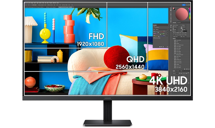 하나의 모니터에서 구역을 나누어 FHD, QHD, 4K UHD를 나타냅니다.