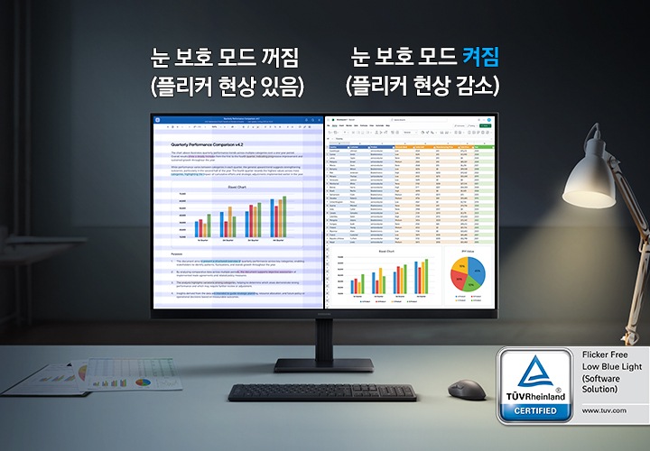 모니터 화면을 반으로 나누어 눈보호 모드가 꺼진 화면과 켜진 화면, 플리커 현상이 나타난 화면과 나타나지 않은 화면을 비교합니다.