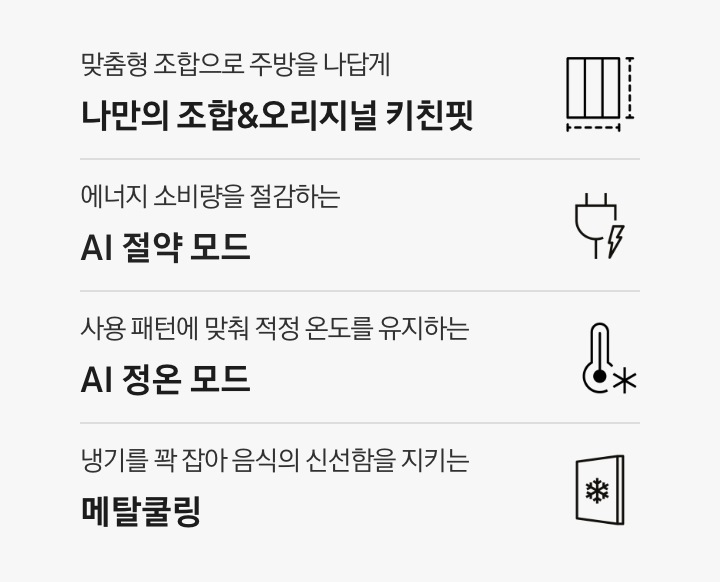 인테리어컷 하단에 Bespoke AI 냉장고 특장점 4가지가 아이콘과 함께 나와있습니다. 맞춤형 조합으로 주방을 나답게 나만의 조합 & 오리지널 키친핏 문구와 아이콘, 에너지 소비량을 절감하는 AI 절약 모드 문구와 아이콘, 사용 패턴에 맞춰 적정 온도를 유지하는 AI 정온 모드 문구와 아이콘, 냉기를 꽉 잡아 음식의 신선함을 지키는 메탈쿨링 문구와 아이콘.