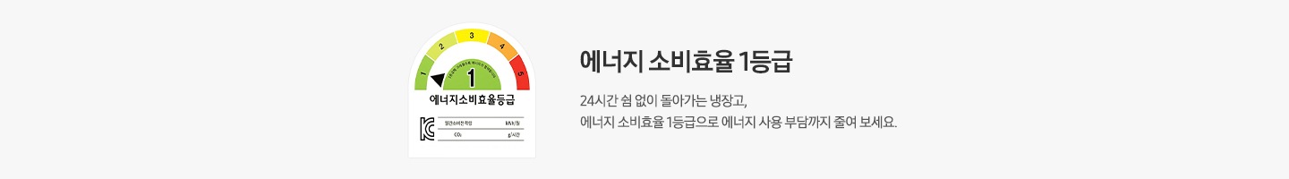 에너지소비효율등급 1등급 로고가 나와있습니다. 에너지 소비효율 1등급. 24시간 쉼 없이 돌아가는 냉장고, 에너지 소비효율 1등급으로 에너지 사용 부담까지 줄여 보세요.
