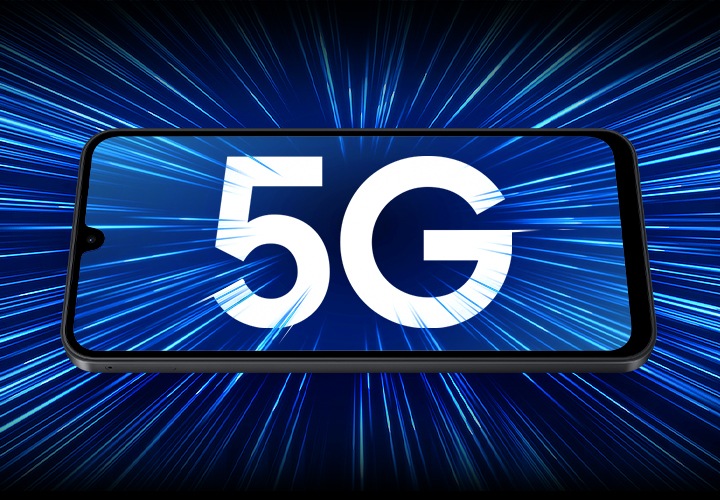 갤럭시 버디5 디스플레이에 굵은 5G 문구가 띄워져 있고 주변에는 화려한 선형 그래픽이 표현되어 스트리밍, 게임, 다운로드를 위한 초고속 5G 연결을 강조합니다.