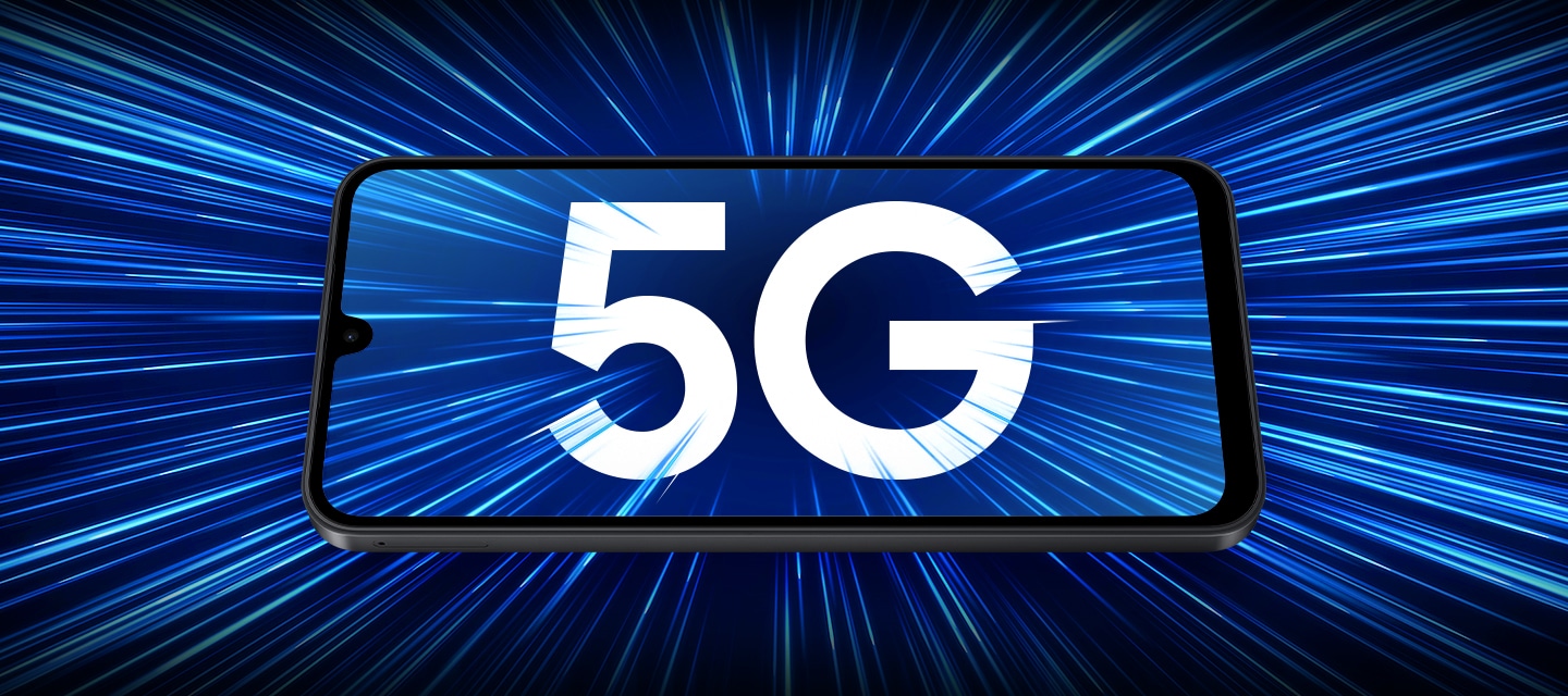갤럭시 버디5 디스플레이에 굵은 5G 문구가 띄워져 있고 주변에는 화려한 선형 그래픽이 표현되어 스트리밍, 게임, 다운로드를 위한 초고속 5G 연결을 강조합니다.