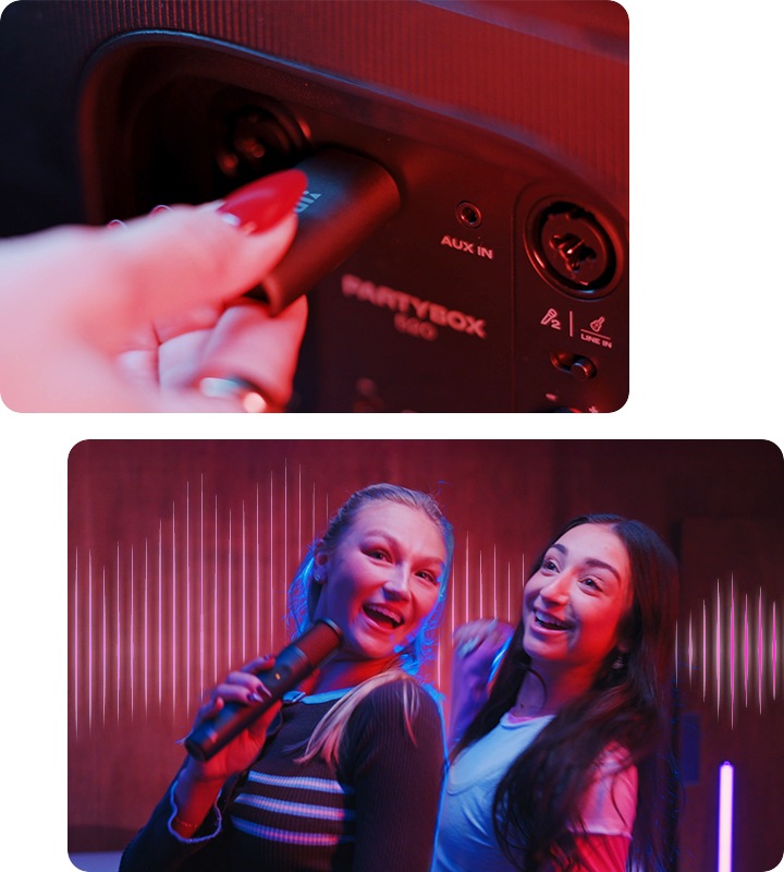 USB-C 동글을 스피커에 연결하고 있는 이미지입니다. 여성 한 명이 JBL 마이크를 들고 노래를 하고 다른 여성은 춤을 추고 있는 이미지입니다.