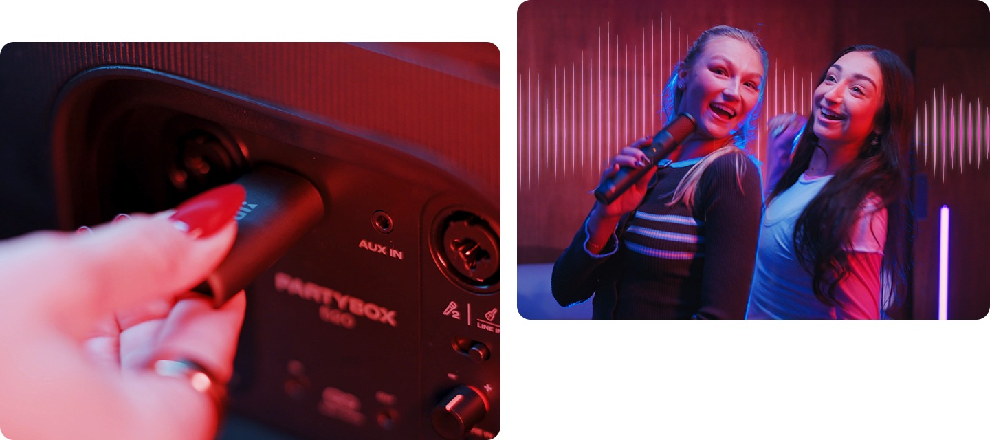 USB-C 동글을 스피커에 연결하고 있는 이미지입니다. 여성 한 명이 JBL 마이크를 들고 노래를 하고 다른 여성은 춤을 추고 있는 이미지입니다.