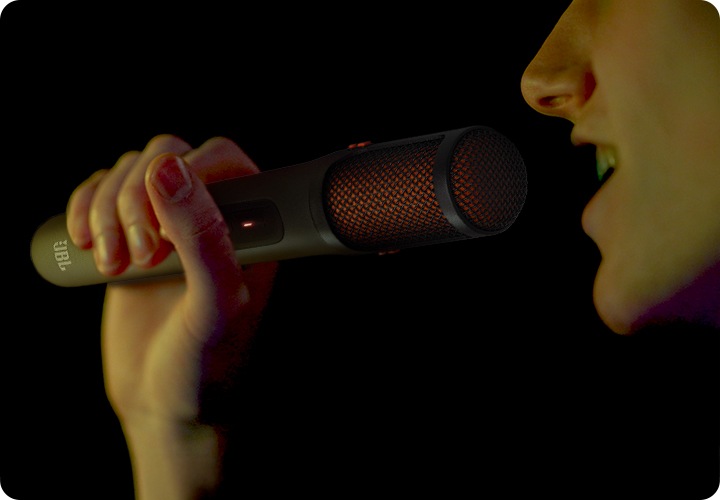 손으로 JBL 마이크를 잡고 노래를 부르고 있는 이미지입니다.