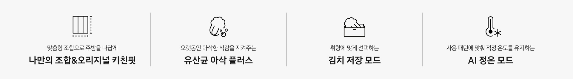 맞춤형 조합으로 주방을 나답게 나만의 조합&오리지널 키친핏 아이콘과 문구, 오랫동안 아삭한 식감을 지켜주는 유산균 아삭 플러스 아이콘과 문구, 취향에 맞게 선택하는 김치 저장 모드 아이콘과 문구, 사용 패턴에 맞춰 적정 온도를 유지하는 AI 정온 모드 아이콘과 문구