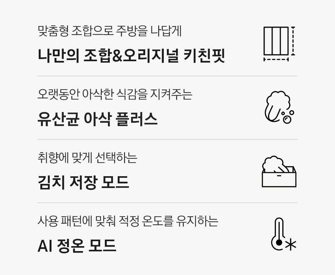 맞춤형 조합으로 주방을 나답게 나만의 조합&오리지널 키친핏 아이콘과 문구, 오랫동안 아삭한 식감을 지켜주는 유산균 아삭 플러스 아이콘과 문구, 취향에 맞게 선택하는 김치 저장 모드 아이콘과 문구, 사용 패턴에 맞춰 적정 온도를 유지하는 AI 정온 모드 아이콘과 문구