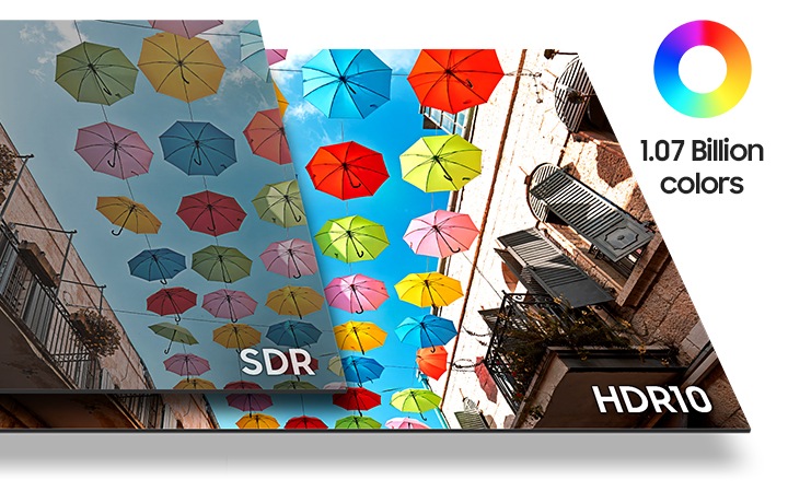 SDR과 HDR10의 차이를 같은 그림을 반으로 나누어 비교해 나타냅니다.