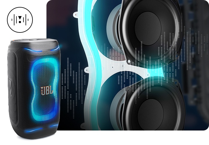 JBL PARTYBOX 130 제품에 조명이 들어온 측면컷으로, 스피커 내부 이미지와 음파가 표현된 연출된 이미지 입니다. 우측 상단에는 아이콘이 있습니다.