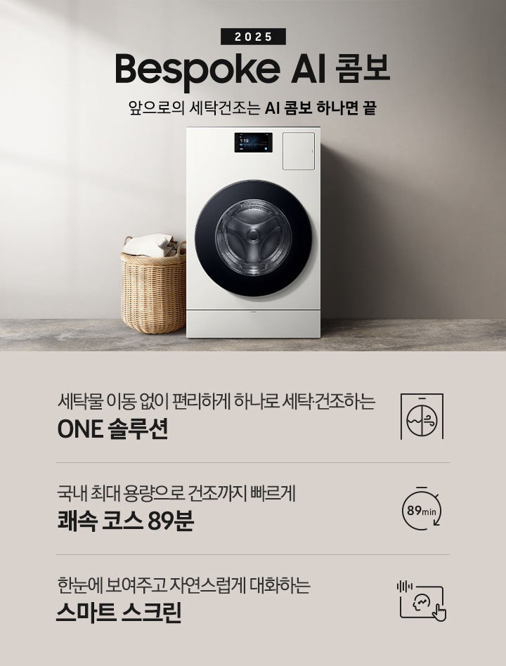 Bespoke AI콤보 MID가 우드톤으로 인테리어한 실내 공간 가운데에 있습니다. 기기 위쪽에는 2025, Bespoke AI콤보, AI로 세탁건조를 한 번에. 더 빨리. 더 많이 텍스트가 있습니다. 왼쪽에는 빨래 바구니 있습니다. 이미지 아래에는 세탁물 이동 없이 편리하게 하나로 세탁 건조하는 ONE 솔루션, 국내 최대용량으로 건조까지 빠르게 쾌속 코스 89분, 한눈에 보여주고 자연스럽게 대화하는 스마트 스크린 텍스트와 각각의 아이콘이 있습니다.