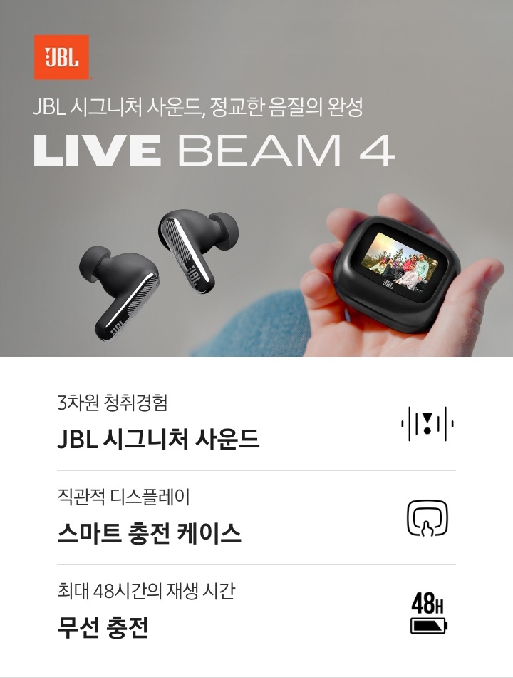JBL 시그니처 사운드, 정교한 음질의 완성. LIVE BEAM4. JBL 로고가 있고 BEAM4 제품 케이스와 이어폰 제품이미지가 있습니다. 아래에는 LIVE BEAM4 제품의 특장점 3가지가 아이콘과 함께 나와있습니다. 3차원 청취경험 JBL 시그니처 사운드 문구와 아이콘, 직관적 디스플레이 스마트 충전 케이스 문구와 아이콘, 최대 48시간의 재생 시간 무선 충전 문구와 아이콘.