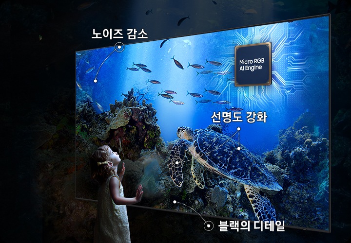 어린 아이가 TV를 보고 있습니다. 화면에는 거북이와 물고기가 보입니다. 오른쪽 상단에는 2세대 AI 4K 프로세서 칩이 보입니다. 노이즈가 감소되고 디테일이 또렷해지면서 더 밝고 생생하게 화질이 개선되었다는 점을 강조하고 있습니다.