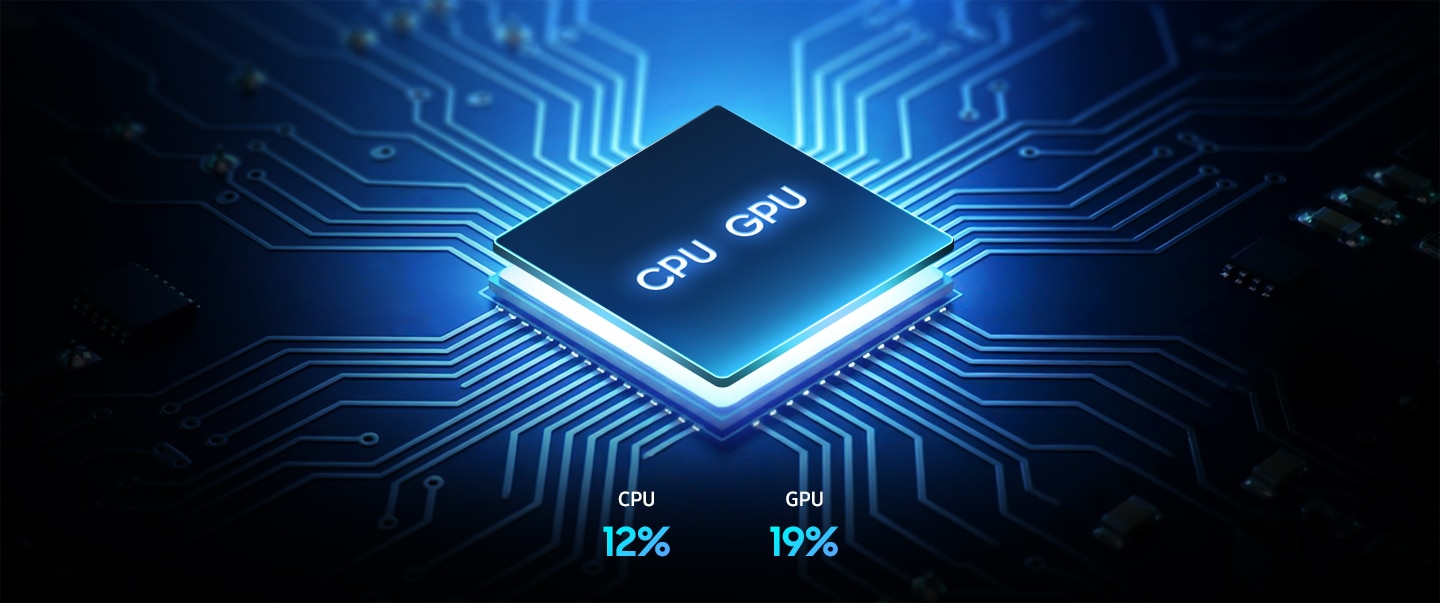갤럭시 A37 5G의 Octa-Core 프로세서 칩이 그리드 위에 배치된 모습입니다. CPU 성능은 12%, GPU 성능은 19% 향상되었습니다.