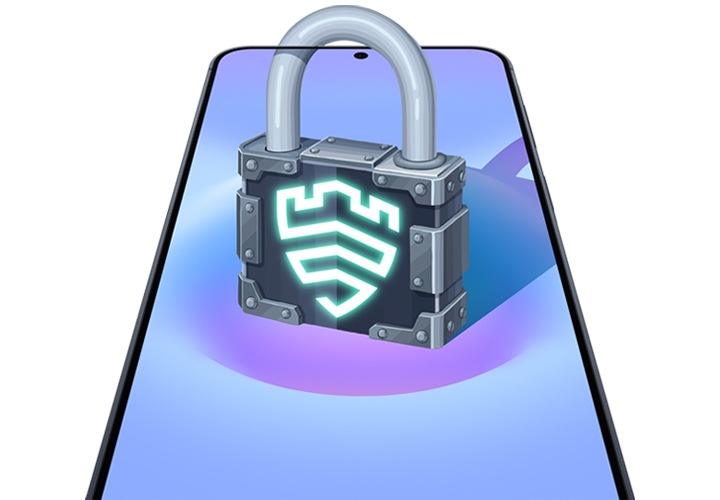 정면을 향해 세로 모드로 놓인 갤럭시 A57 5G가 화면에 자물쇠 모양의 삼성 Knox Vault 아이콘을 표시하고 있습니다. 개인정보 및 데이터 보안을 위한 삼성 Knox 보호 기능이 내장되어 있음을 알려줍니다.