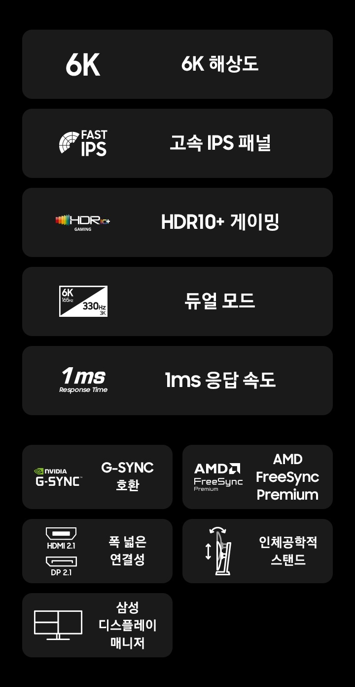 G80SH 오디세이 모니터의 특징을 보여줍니다 6K 해상도, 고속 IPS 패널, HDR10+ 게이밍, 6K 165Hz, 330Hz 3K 듀얼모드, 1ms 응답속도, 지싱크 호환, AMD freesync premium,, 폭 넓은 연결성, 인체공학적 스탠드, 삼성 디스플레이 매니저.