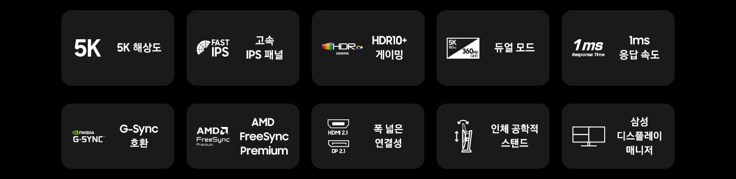 G80SH 오디세이 모니터의 특징을 보여줍니다 5K resolution, 고속 IPS 패널, HDR10+ 게이밍, 5K 180Hz, 360Hz QHD 듀얼모드, 1ms 응답속도, 지싱크 호환, AMD freesync premium,, 멀티플 커넥티비티, 인체공학적 스탠드, 삼성 디스플레이 매니저.