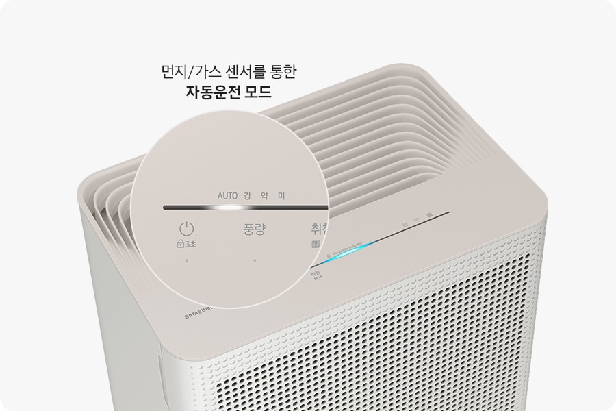 화이트 배경에 블루스카이 3100 제품의 상단 부분을 확대한 모습이 있습니다. 상단 조작부의 전원과 운전 모드 부분을 확대한 이미지가 제품의 상단 부분 이미지와 겹쳐 있고, 확대한 이미지에는 AUTO 부분 하단에 불빛이 들어와 있습니다. 확대한 이미지 상단에는 먼지/가스 센서를 통한 자동운전 모드 텍스트가 적혀 있습니다.