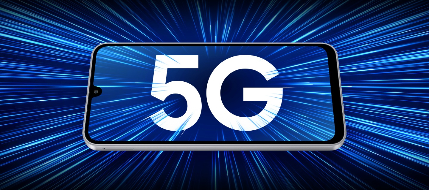 갤럭시 와이드9 디스플레이에 굵은 5G 문구가 띄워져 있고 주변에는 화려한 선형 그래픽이 표현되어 스트리밍, 게임, 다운로드를 위한 초고속 5G 연결을 강조합니다.