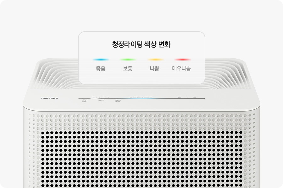 화이트 배경에 이미지 중간 하단 부분에는 블루스카이 3100 제품의 상단 부분이 확대되어 있고 청정라이팅 부분에 파란색 라이팅이 들어와 있는 모습입니다. 청정 라이팅 윗부분에는 색상과 텍스트로 색상 변화를 그려 알려주고 있습니다. 왼쪽 부터 파란색은 좋음, 초록색은 보통, 노란색은 나쁨, 빨간색은 매우나쁨으로 청정 라이팅의 색상 변화를 알려주고 있습니다.