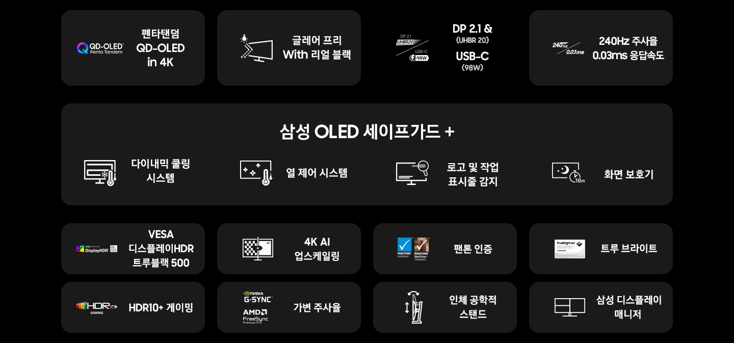 G8 오디세이 모니터의 특징을 나타냅니다 펜타탠덤 QD OLED in 4K, 글레어 프리 with 리얼 블랙, DP2.1&USB-C, 240Hz 0.03ms 삼성 OLED safeguard+ 다이내믹 쿨링 시스템, 열 제어 시스템, 로고 및 작업 표시줄 감지, 화면 보호기, VESA Display HDR True Black 500, 4K AI 업스케일링,  팬톤 인증, 트루 브라이트, HDR10+ 게이밍,  가변 주사율, 인체공학적 스탠드, 삼성 디스플레이 매니저