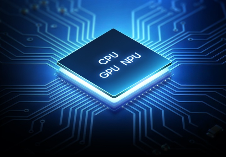 그리드 위에 갤럭시 점프5의 CPU, GPU, NPU를 나타내는 프로세서 칩이 배치되어 있습니다.