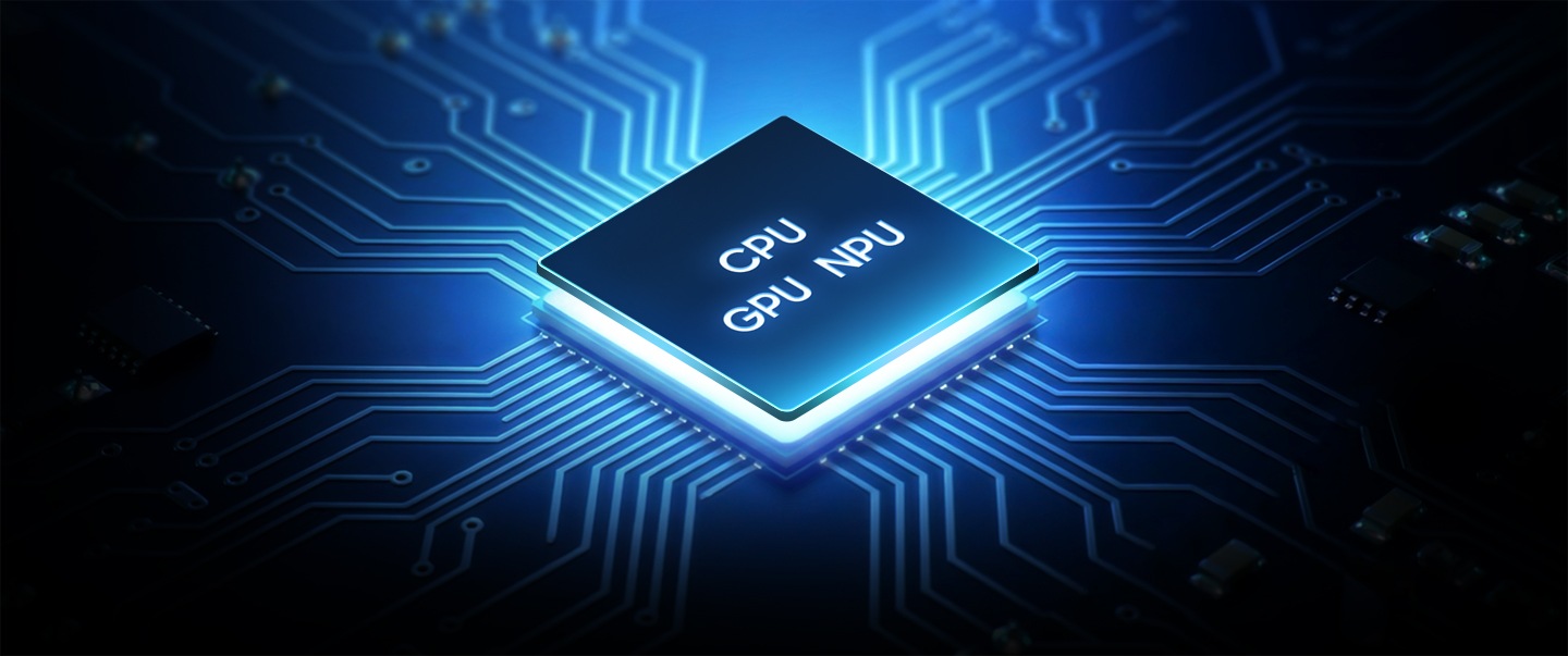 그리드 위에 갤럭시 점프5의 CPU, GPU, NPU를 나타내는 프로세서 칩이 배치되어 있습니다.