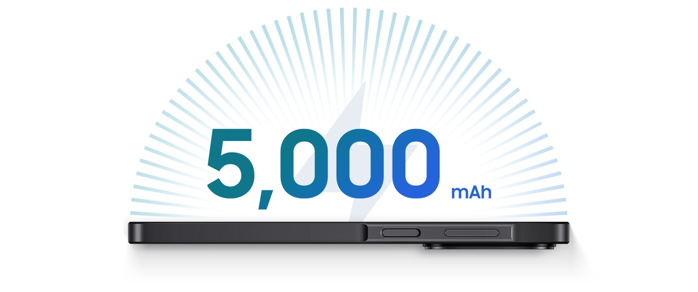 갤럭시 점프5 기기 위로 '5000mAh'라는 문구가 표시됩니다. 5000mAh의 대용량 배터리 덕분에 하루종일 유지되는 생산성과 끊김 걱정 없는 엔터테인먼트를 누릴 수 있습니다.