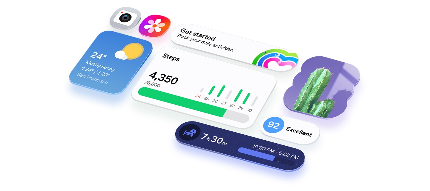 One UI 8.5 사용자 인터페이스와 함께 다양한 앱 아이콘과 위젯들이 격자 형태로 깔끔하게 배치되어 있습니다. 갤럭시 점프5의 직관적인 외관이 강조됩니다.