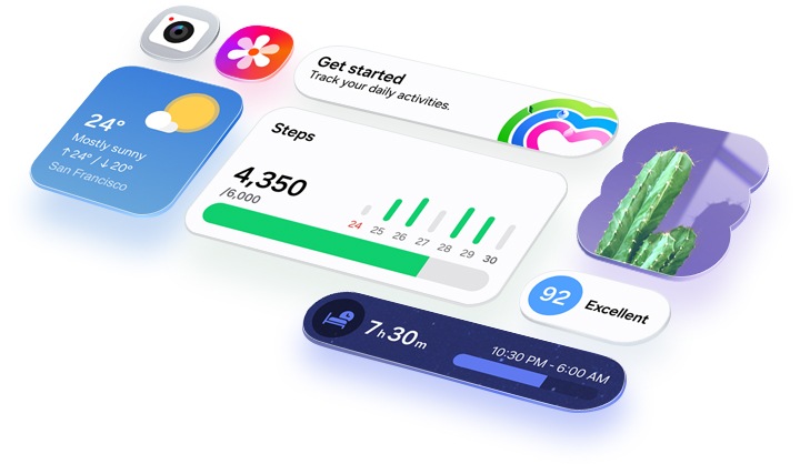 One UI 8.5 사용자 인터페이스와 함께 다양한 앱 아이콘과 위젯들이 격자 형태로 깔끔하게 배치되어 있습니다. 갤럭시 점프5의 직관적인 외관이 강조됩니다.