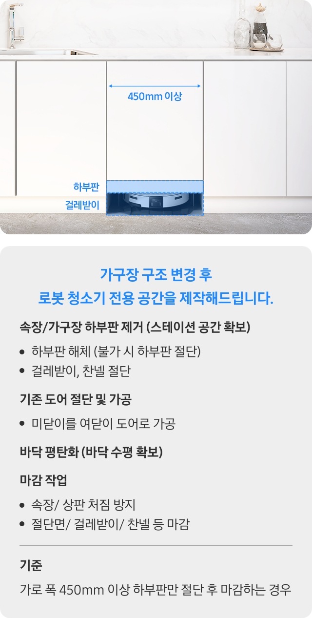 이미지 왼쪽 부분에는 화이트 배경의 주방 하부장을 배경으로 Bespoke AI 스팀 울트라가 빌트인으로 설치되어있고, 스팀이 노출되는 부분 위에 파란색 박스가 그려져 있고 왼쪽에 걸레받이 텍스트가 적혀 있습니다. 바로 위에는 테두리가 점선으로 된 파란색 박스가 그려져 있고 왼쪽 부분에 하부판 텍스트가 적혀 있습니다. 스팀이 설치된 하부장 상단 부분에는 가로를 가로지르는 선과 하단에 450mm 이상 텍스트가 쓰여 있어 하부장의 가로 넓이가 450mm 가 넘어야 하는 것을 알려주고 있습니다. 이미지 오른쪽 부분에는 회색 박스가 그려져 있고 내부에 가구장 구조 변경 후 로봇 청소기 전용 공간을 제작해드립니다  1. 속장/가구장 하부판 제거 (스테이션 공간 확보) - 하부판 해체 (불가 시 하부판 절단) - 걸레받이, 찬넬 절단 2. 기존 도어 절단 및 가공 - 미닫이를 여닫이 도어로 가공 3. 바닥 평탄화 (바닥 수평 확보) 4. 마감 작업 - 속장/ 상판 처짐 방지 - 절단면/ 걸레받이/ 찬넬 등 마감 5. 기준 가로 폭 450mm 이상 하부판만 절단 후 마감하는 경우 텍스트가 적혀 있습니다.