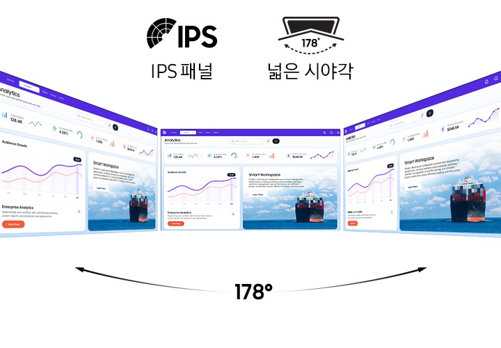 세개의 화면을 펼친 모습을 나타냅니다. 중앙 상단엔 각각의 아이콘과 함께 IPS 패널과 178도 넓은 시야각을 나타냅니다.