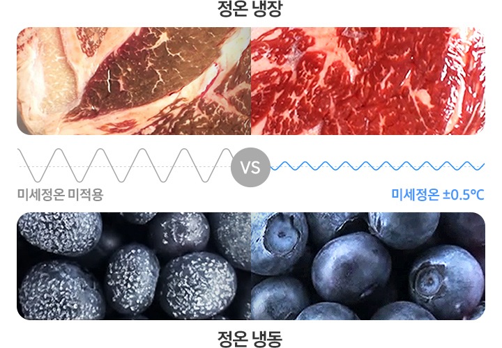 고내 온도 편차를 ±0.5℃로 최소화 하였을때의 냉장 고기와 냉동 블루베리가 신선하게 유지되고 있는 모습을 연출한 이미지입니다. 정온 냉장에서 미세 정온 미적용 하였을 때는 갈변 현상이 있고, 정온 냉동에서 미세 정온 미적용 하였을 때는 서리가 껴 있습니다.