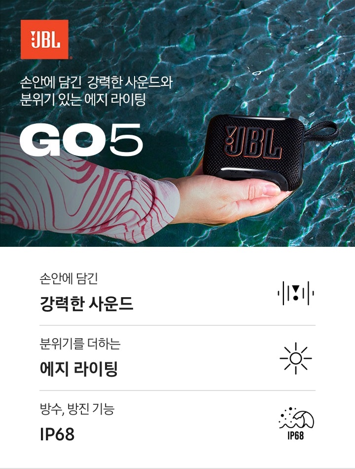 JBL 로고가 있고 물결치는 배경 위에 손으로 JBL GO5 블랙 제품을 받치고 있는 연출된 이미지입니다. 소안에 담긴 강력한 사운드와 분위기 있는 에지 라이팅 GO5. 라이프스타일컷 하단에는 JBL GO5 스피커의 특장점 세가지가 아이콘과 함께 나열되어 있습니다. 손안에 담긴 강력한 사운드 문구와 아이콘, 분위기를 더하는 에지 라이팅 문구와 아이콘, 방수,방진 기능 IP68 문구와 아이콘.